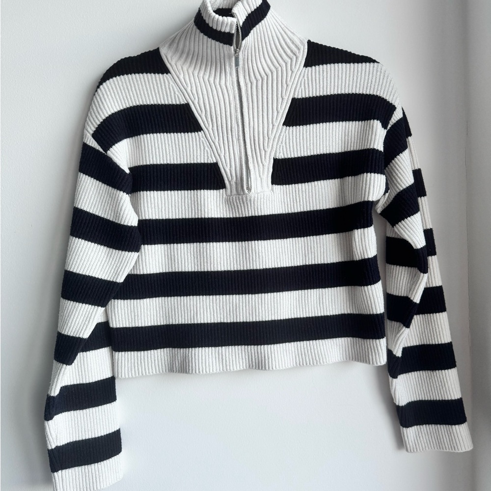 Mango Black and White Striped Turtleneck Sweater Small